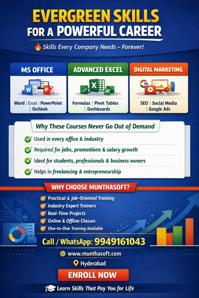 Evergreen Skills Training in Hyderabad | MS Office, Advanced Excel & Digital Marketing – Munthasoft